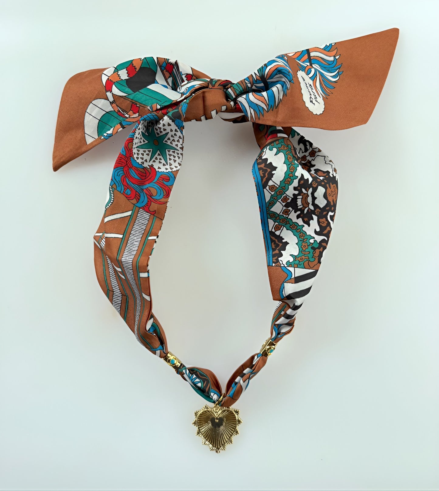 Camel Scarf Necklace w/ Textured Heart & Turquoise Spacers