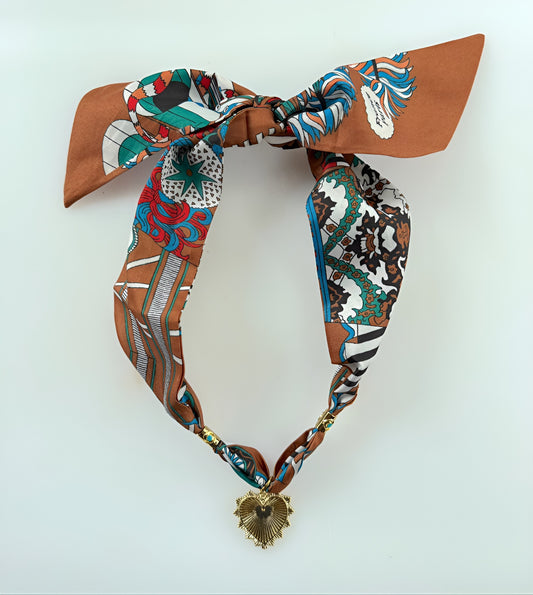 Camel Scarf Necklace w/ Textured Heart & Turquoise Spacers