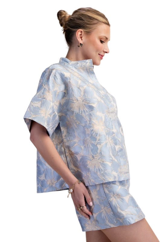Floral Jacquard Boxy Top- Light Blue