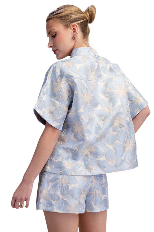 Floral Jacquard Boxy Top- Light Blue