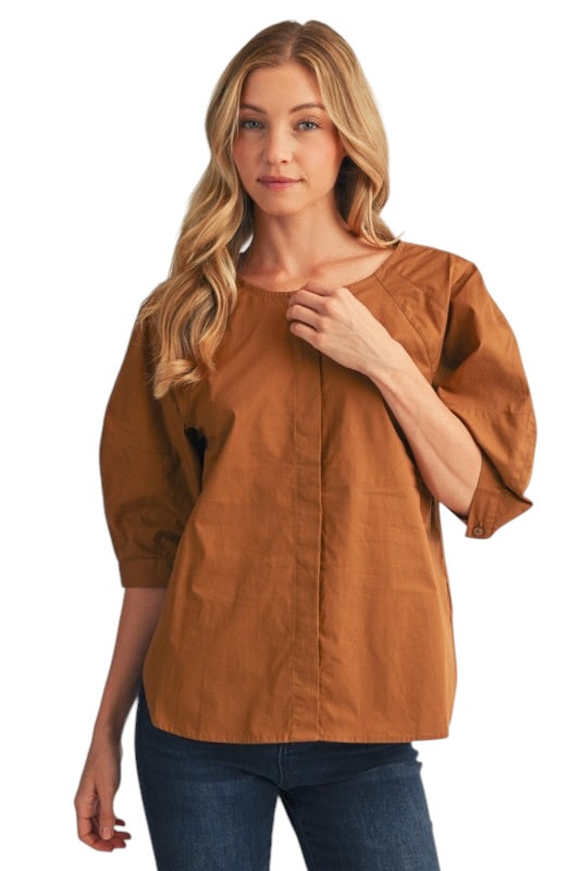 Side Slit Poplin Top in Brown
