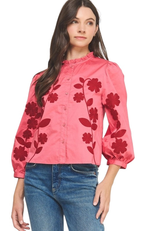Embroidered Poplin Top- 2 Colors!!