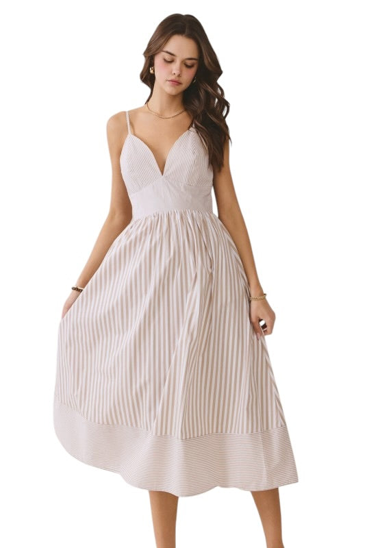 Mixed Stripes Midi in Tan