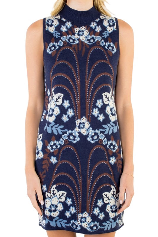 Navy & Brown Florals Knit Dresz