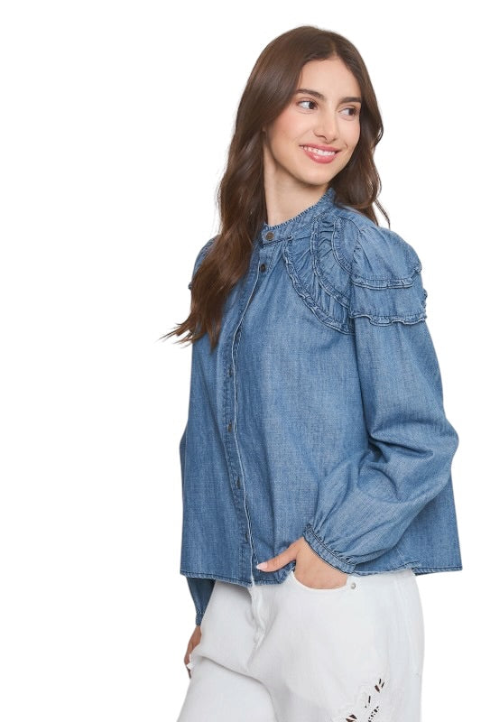 Ruffle Shoulder Denim Blouse
