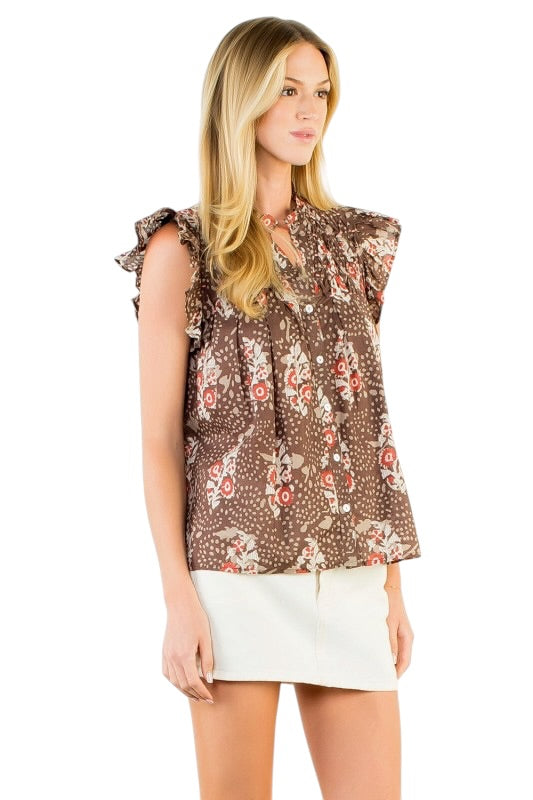Smocking Flutter Top in Chocolate Florals