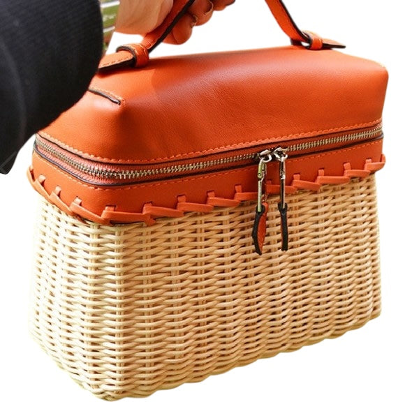Rattan Top Hand Tote in Orange