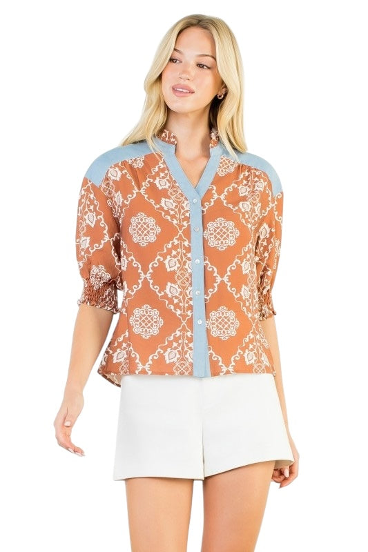 Terracotta & Blue Medallion Blouse