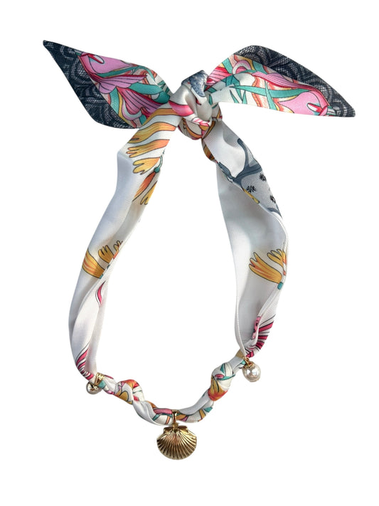 White Safari Scarf Necklace w/ Shell Locket & Pearls