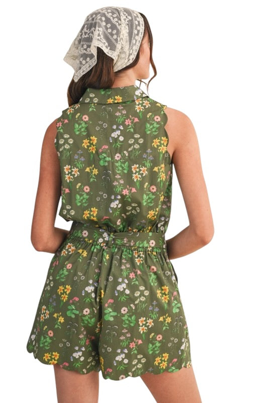 Olive Floral Scallop Romper