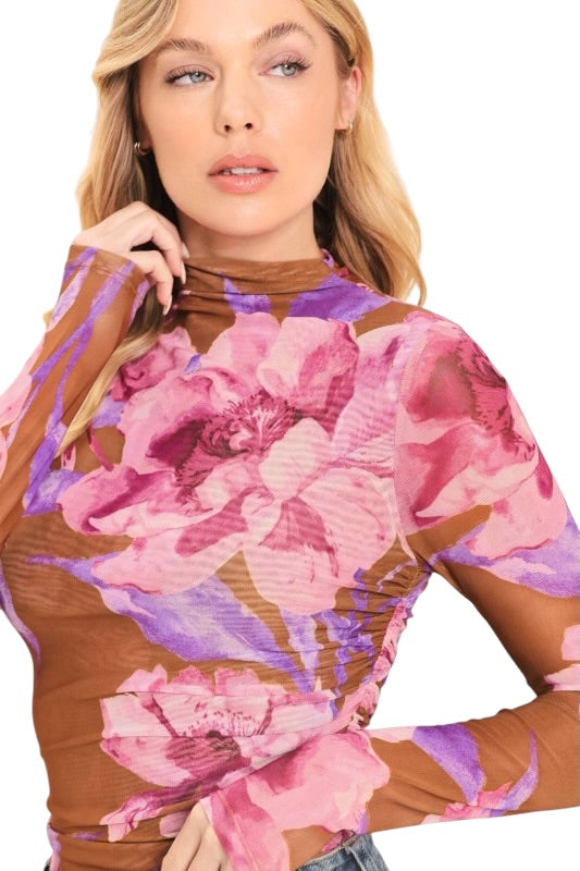 Brown & Pink Floral Mesh Top