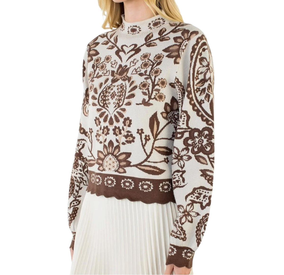 Chocolate & Cream Scallop Hem Sweater