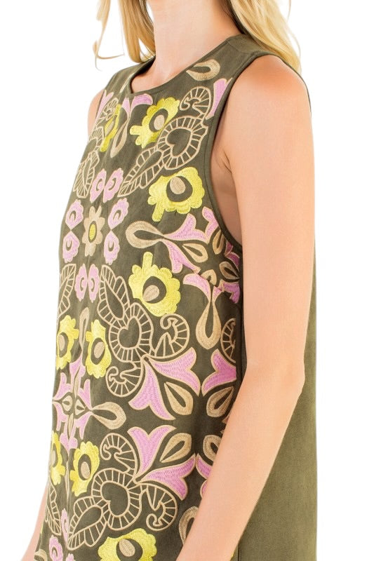 Olive Suede Embroidered Shift