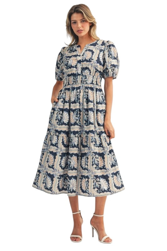 Navy Floral Squares Midi