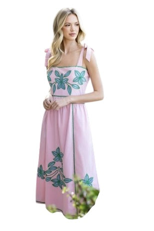 Pink Embroidery Tie Shoulder Midi