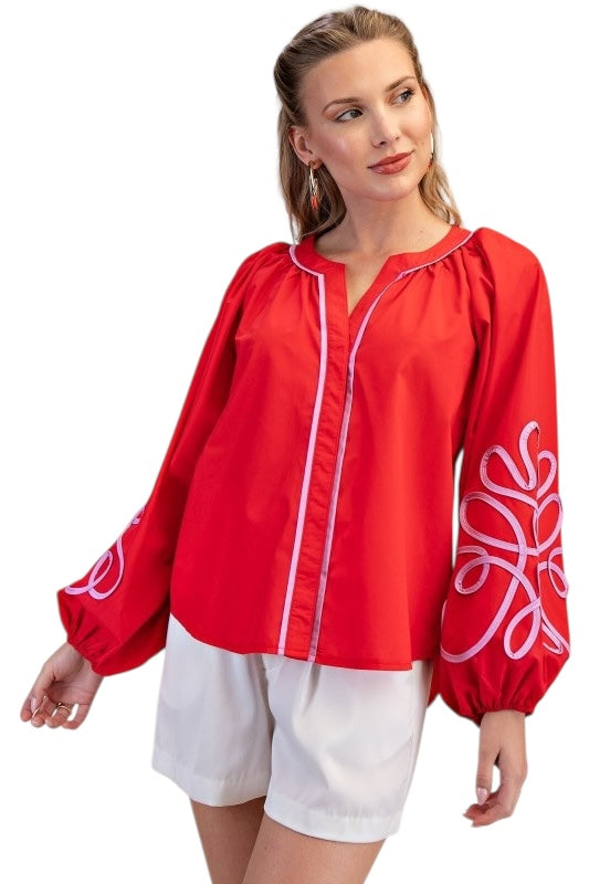Soutache Puff Sleeve Blouse- 2 colors