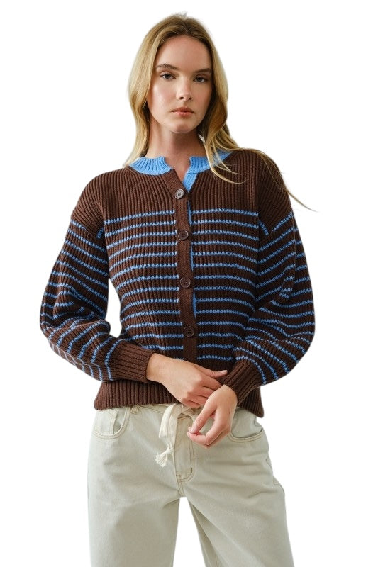 Chocolate & Blue Balloon Sleeve Cardigan