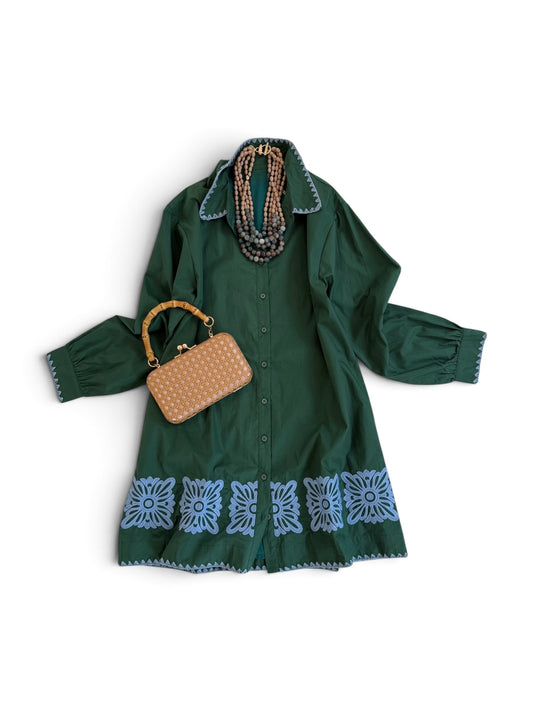 Poplin Embroidered Squares Shirt Dress in Green