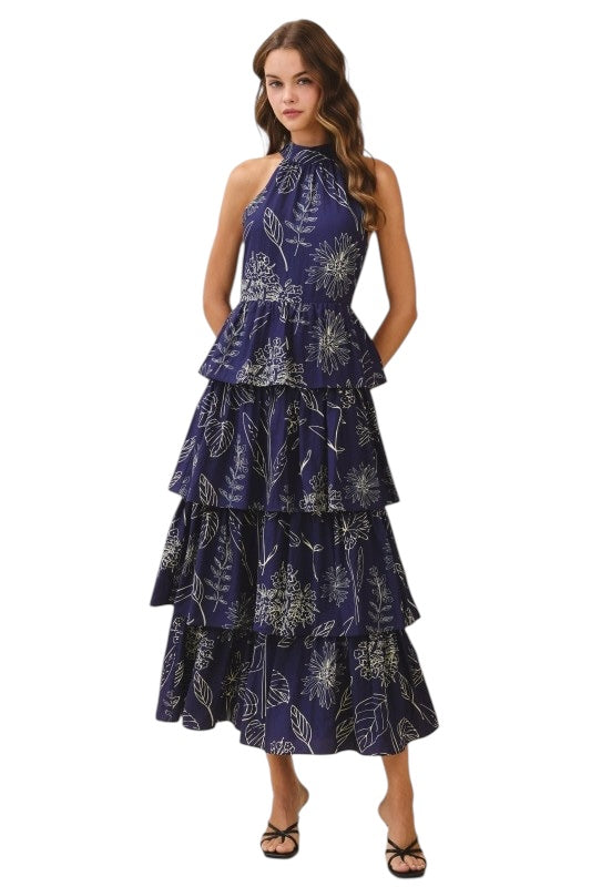 Navy Floral Sketch Halter Neck Maxi