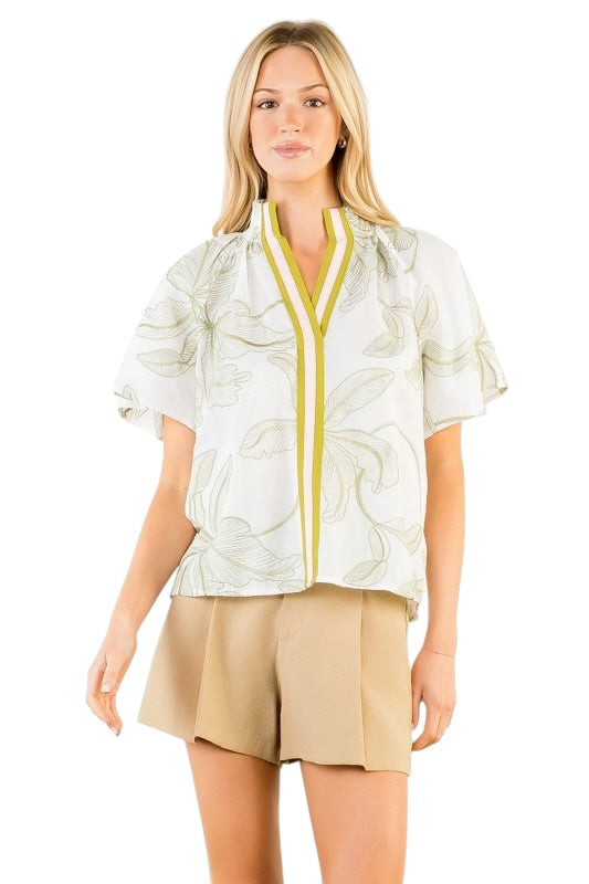 Green & White Palms Top