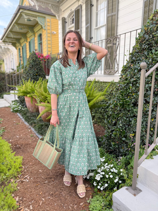 Meg Midi in Green BlockPrint