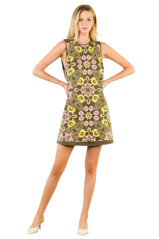 Olive Suede Embroidered Shift