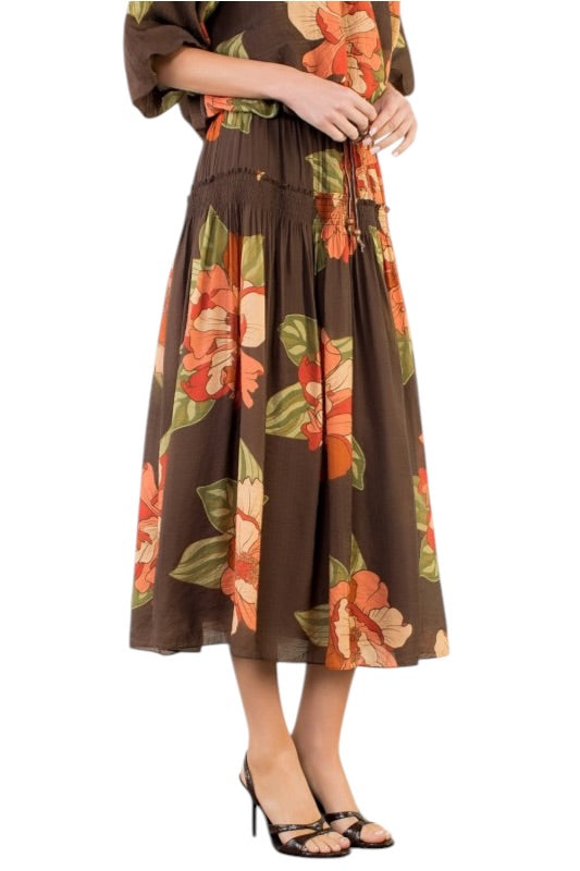 Chocolate & Orange Florals Midi Skirt