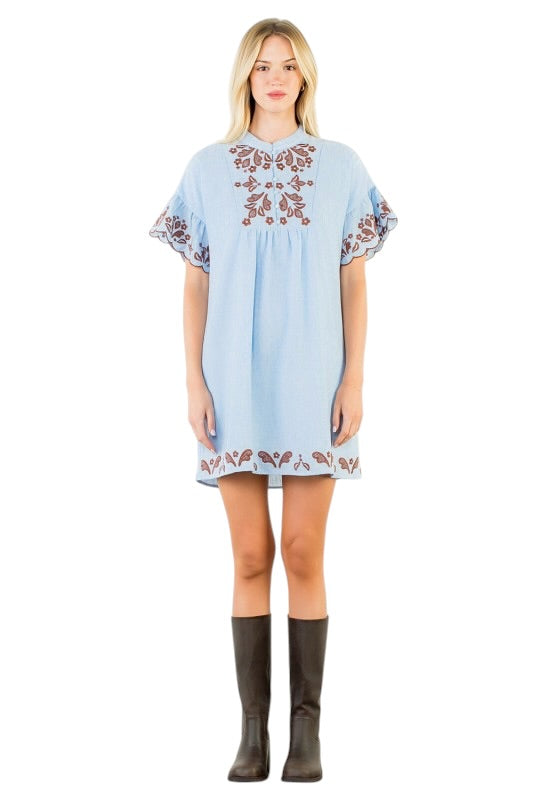 Baby Blue & Chocolate Embroidery Shift
