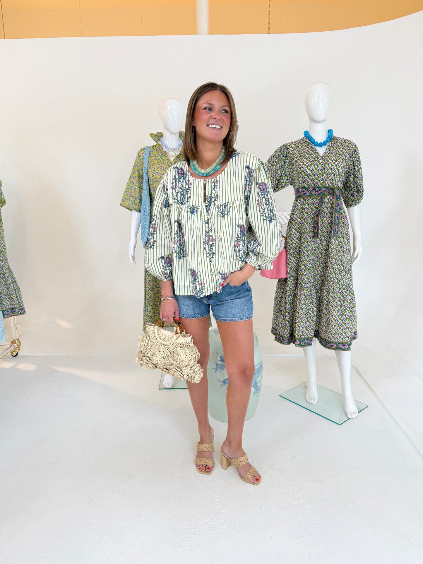 Annie Top in Green Stripe Thistle