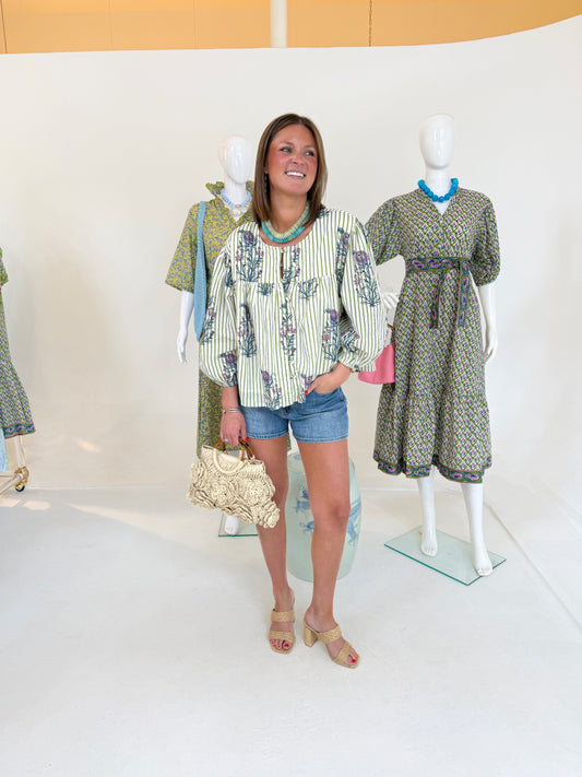Annie Top in Green Stripe Thistle