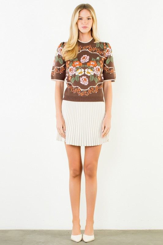 Chocolate Florals Short Sleeve Sweater