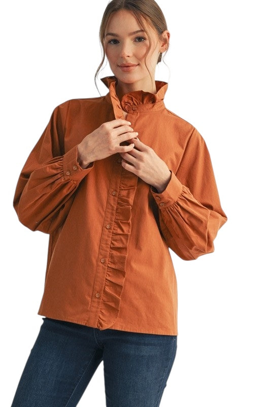 Ruffle Front Poplin Blouse- 3 Colors !!