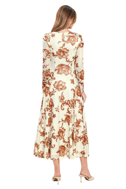 Ivory & Brown Florals Mesh Midi