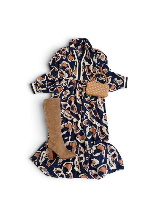 Navy & Orange Abstract Florals Midi
