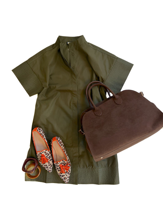 Stitched Poplin Shift in Olive