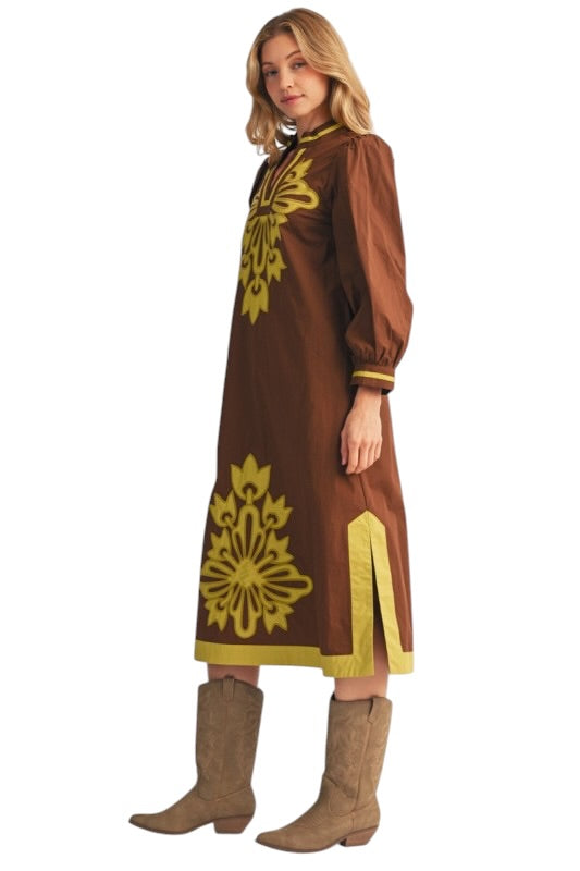 Brown & Citron Appliqué Midi