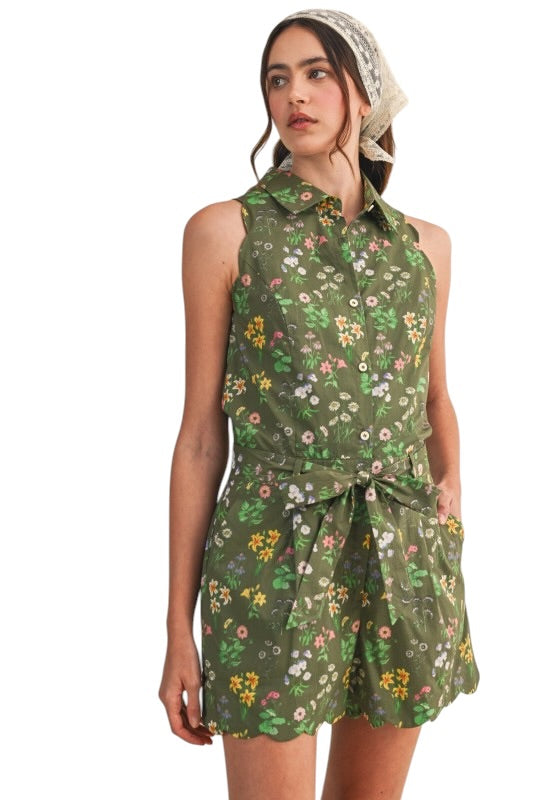 Olive Floral Scallop Romper