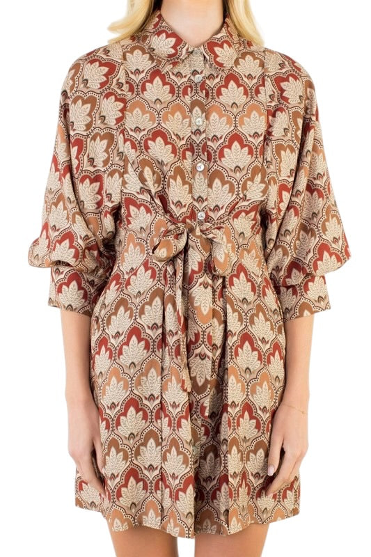 Brown Leaves Tie Waist Mini