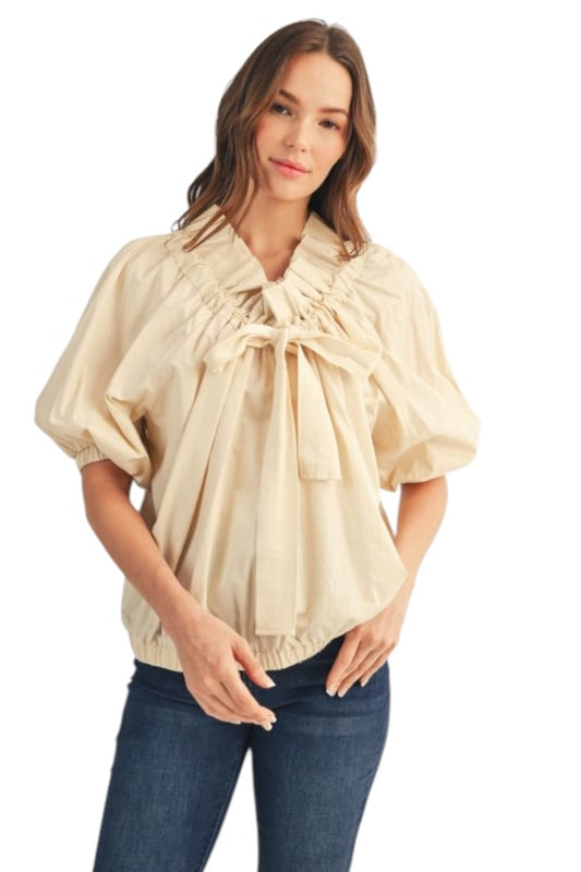 Drawstring Neckline Poplin Top- 2 Colors