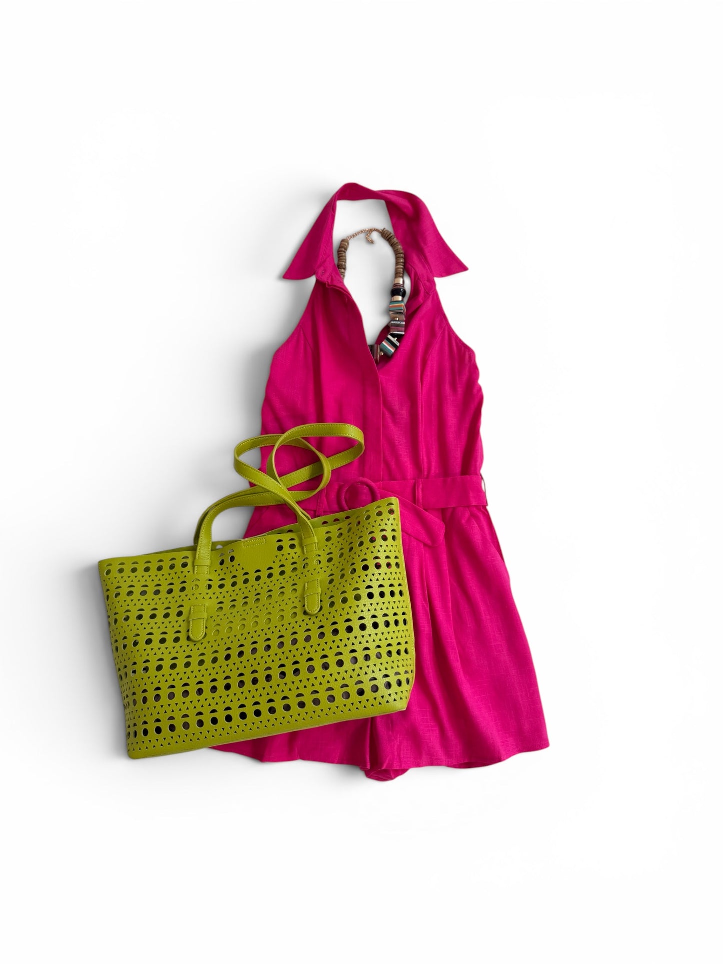 Halter Neck Belted Romper in Hot Pink