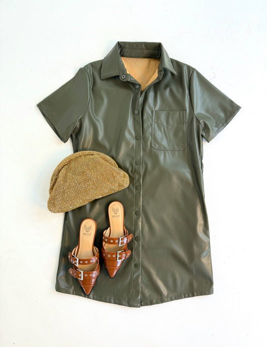 Olive Leather Shirt Mini