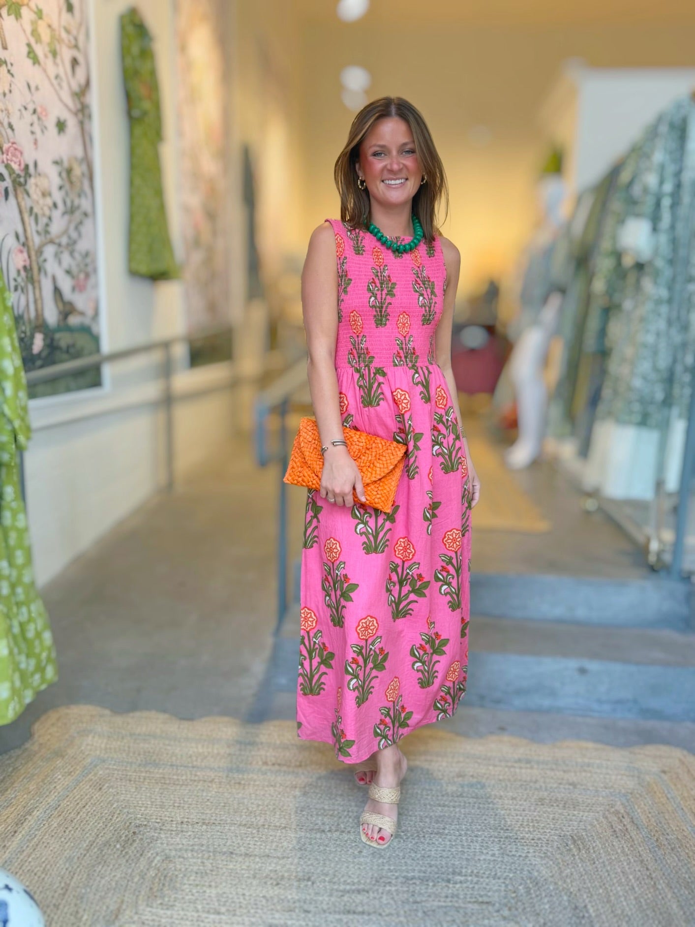 Smocked Coral Pink Marigold Midi