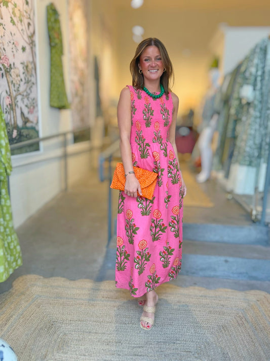 Smocked Coral Pink Marigold Midi