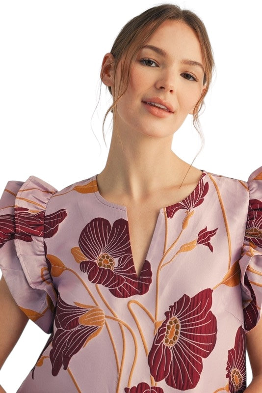 Floral Jacquard Flutter Top - 2 Colors