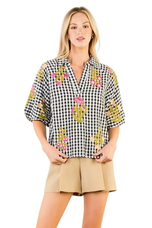 Black Gingham Floral Embroidery Top