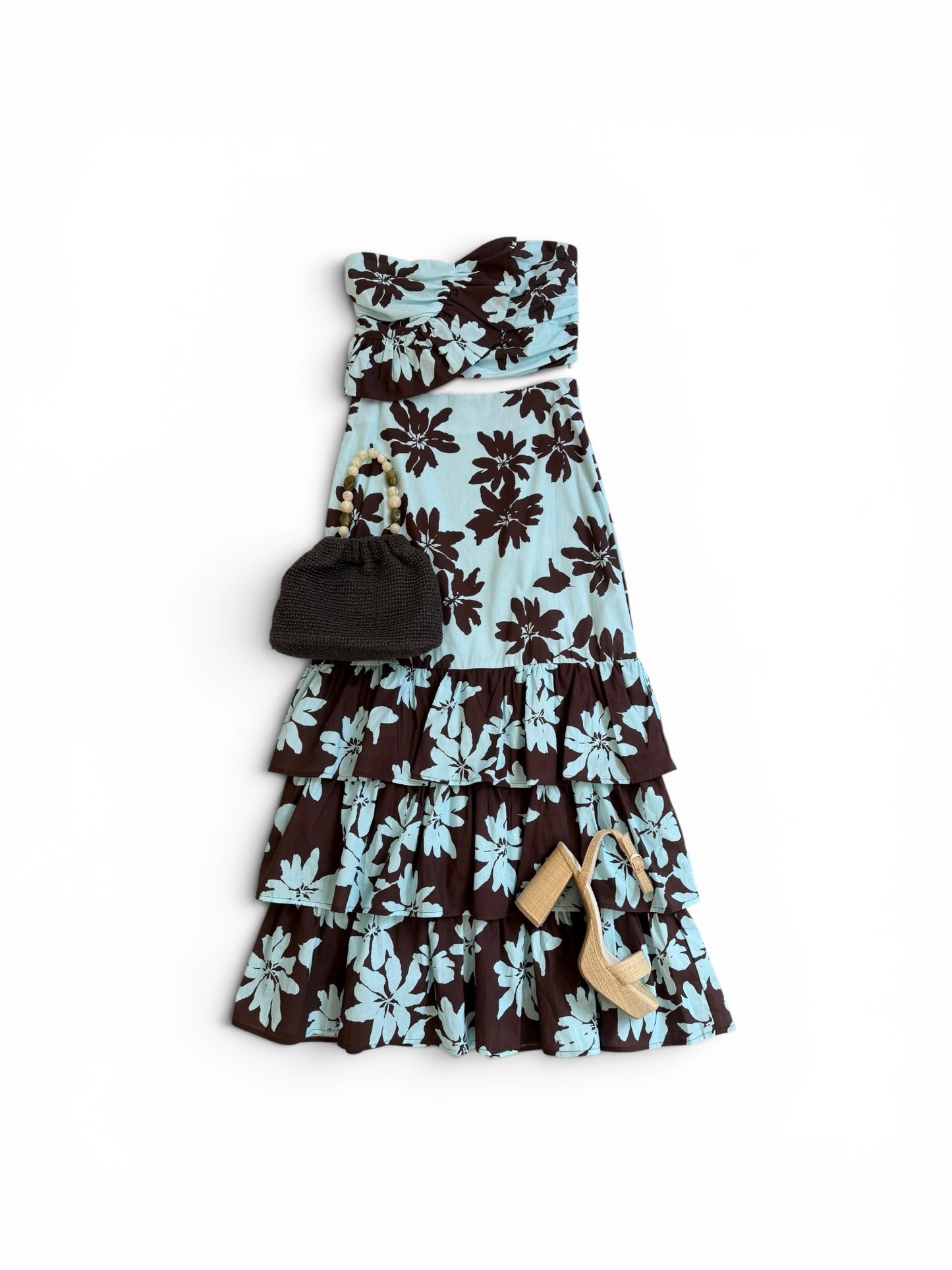 Chocolate & Blue Ruffle Midi Skirt Set