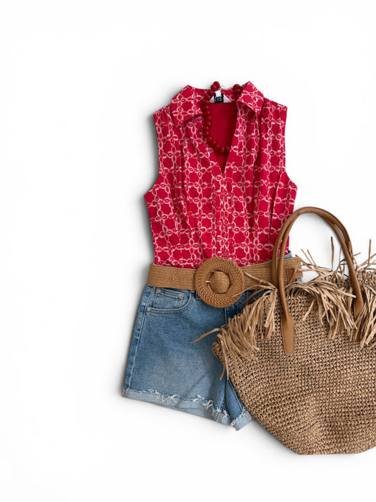 Red Pleated Waist Poplin Top