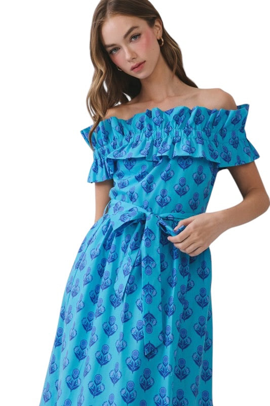 Ruffle Off Shoulder Midi in Blue