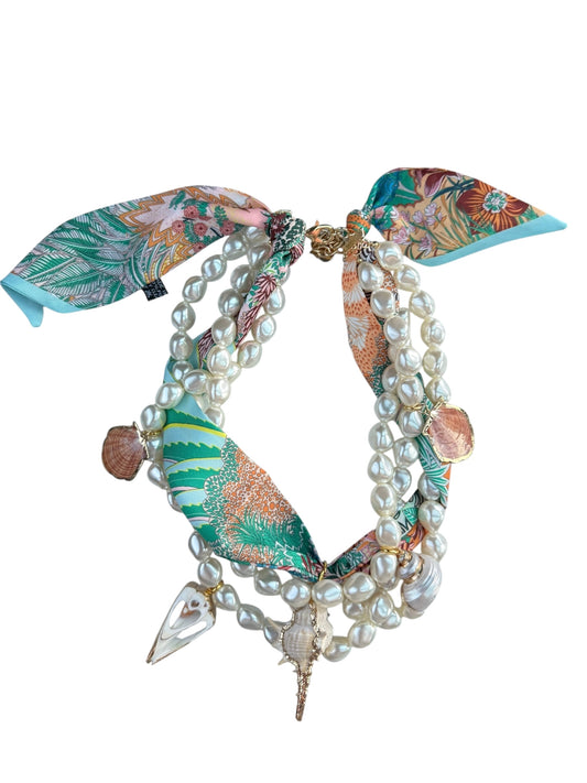 Triple Strand Pearl Scarf Necklace w/ Shell Pendants