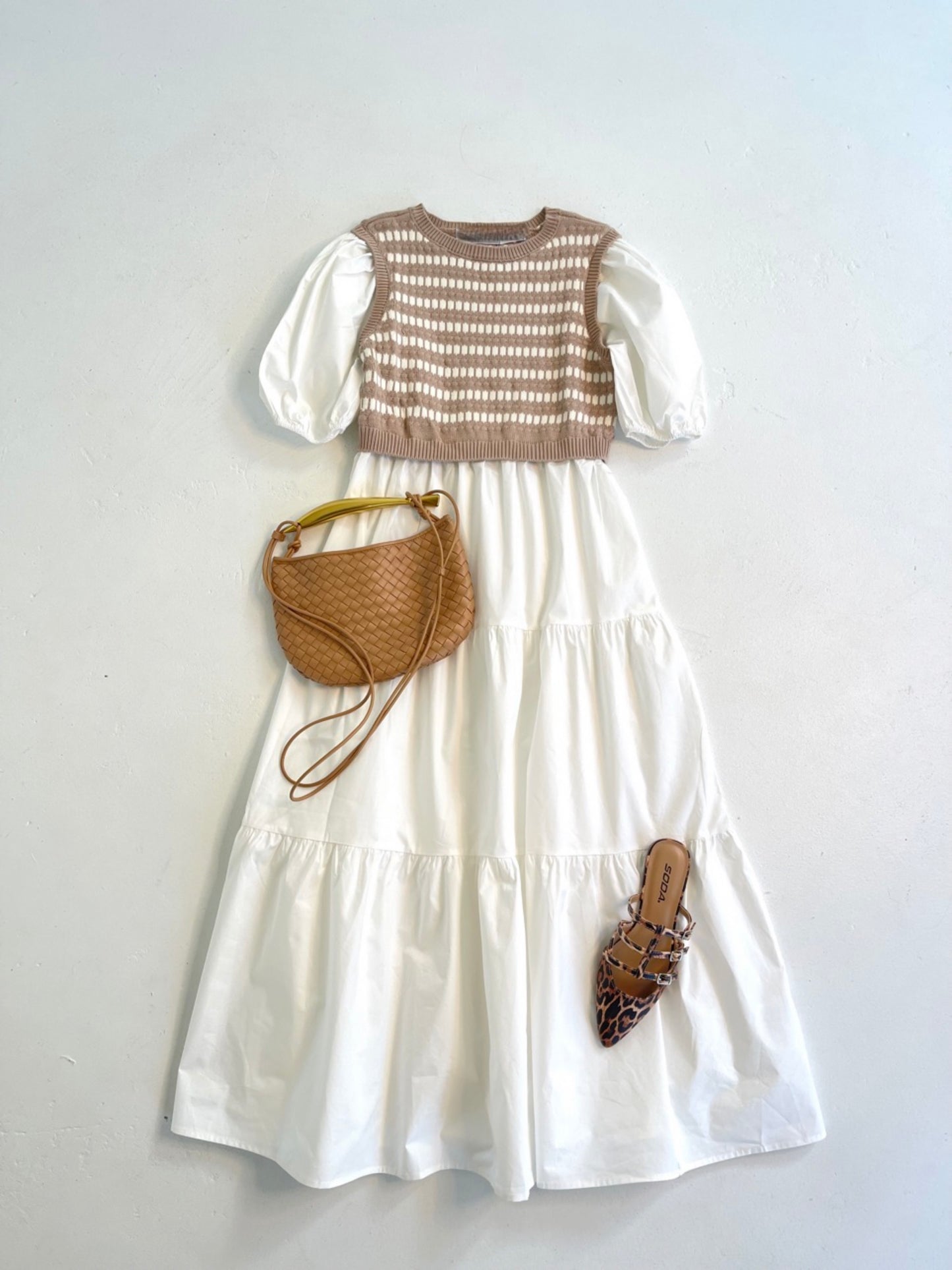 Sweater Vest Tiered Midi in Tan/Ivory